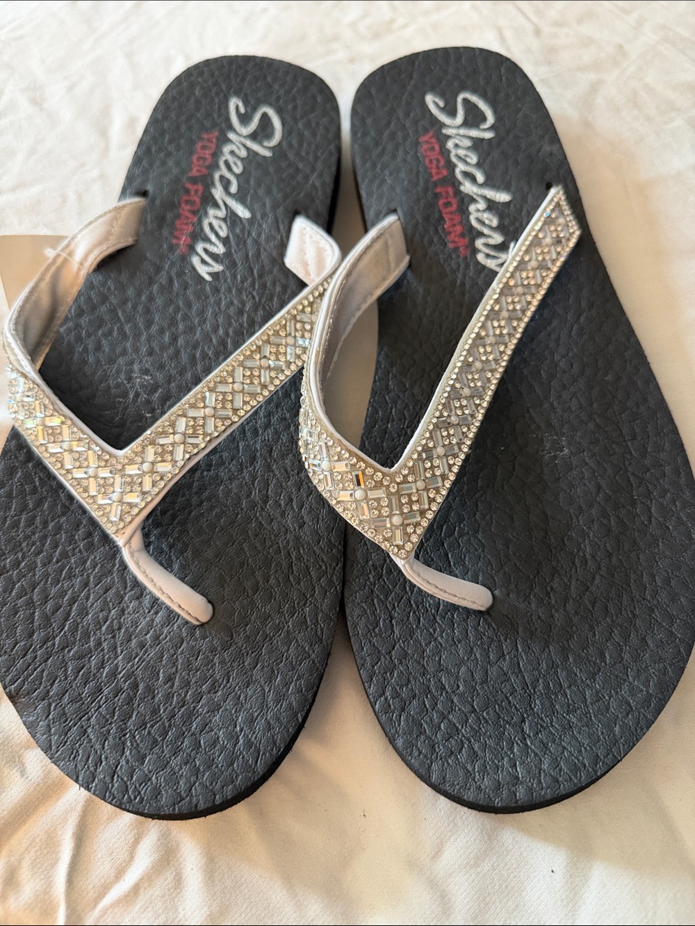 Skechers Black Footbed Silver Embellished Women's Sandals